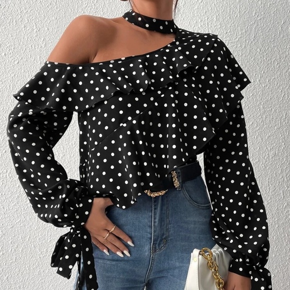 Classic Polka Dot One Shoulder Ruffle Blouse - Picture 2 of 4